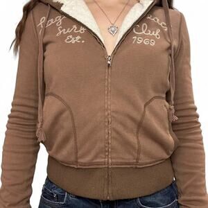 2000s Bijubi Laguna Beach Surf Club Brown Fur Zip Up Hoodie
